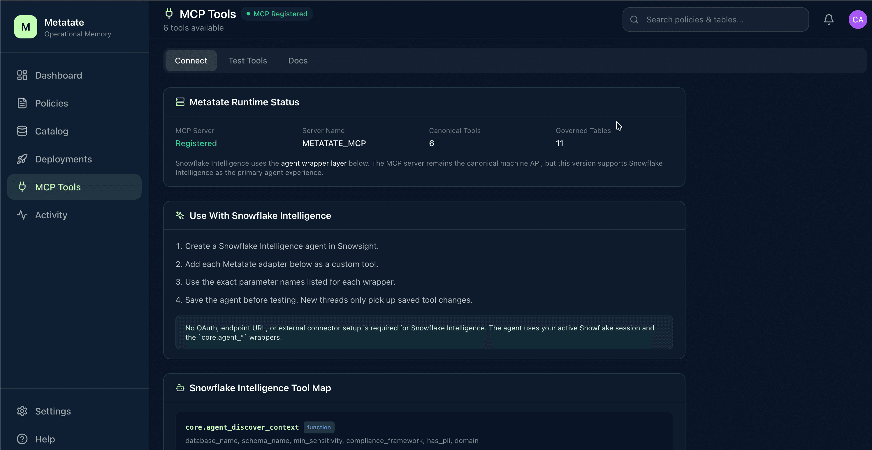 MCP Tools page showing registered server and Snowflake Intelligence integration